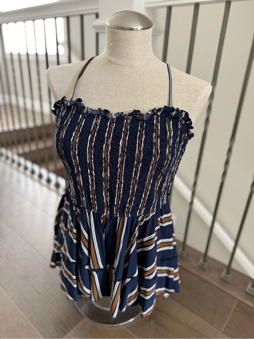 Fashion to Figure Navy and Tan Striped Smocked Top